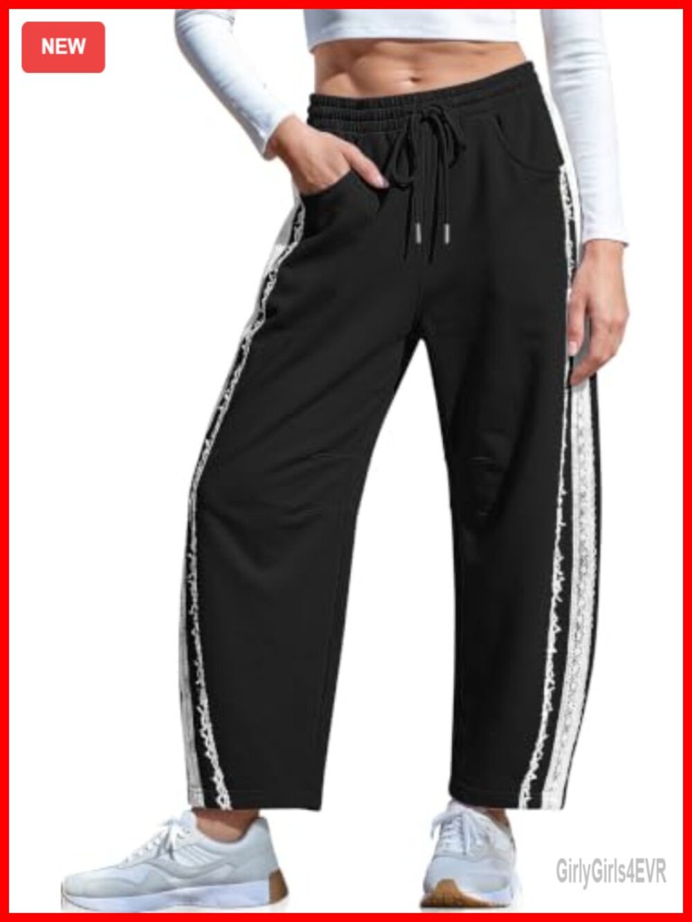Lace Trim Barrel Sweatpants Loose Lounge Pants with Pockets
